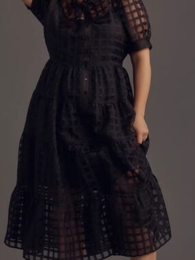 Shein - Black Tiered Sheer Check Midi Dress